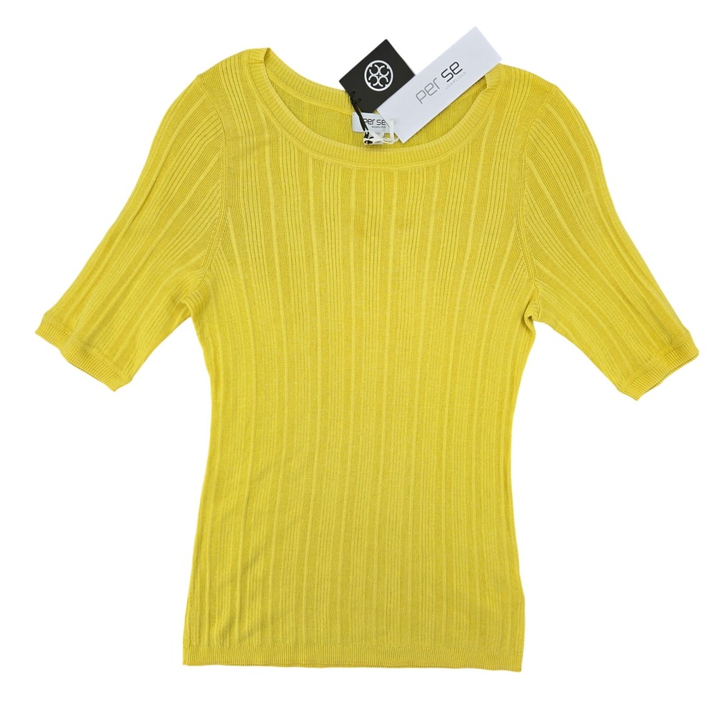 Per Se by Carlisle NEW SMALL Ribbed Silk Knit Top Women Yellow Minimalist Luxury - Picture 1 of 9